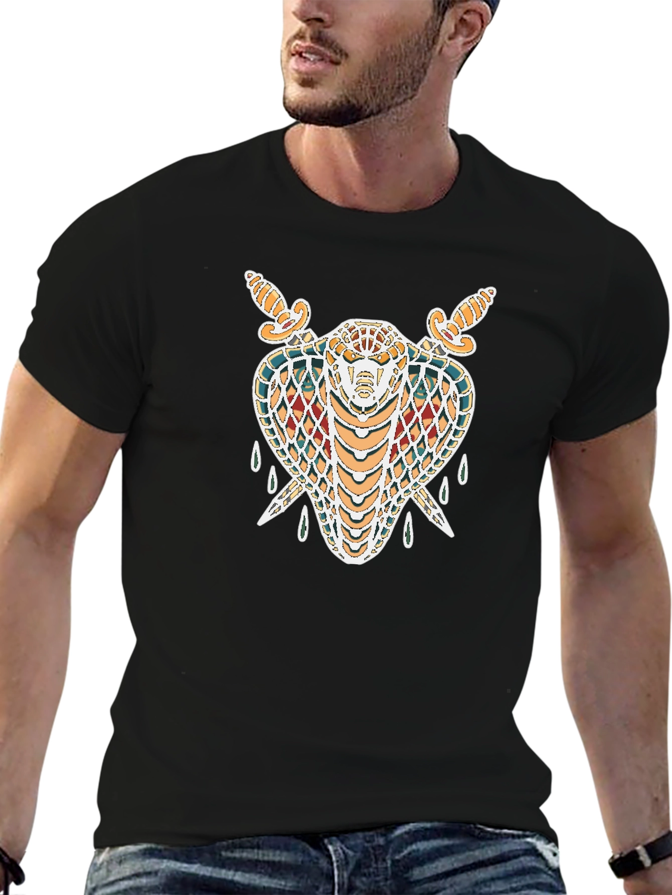 Black T-Shirt with Snake & Swords Graphic