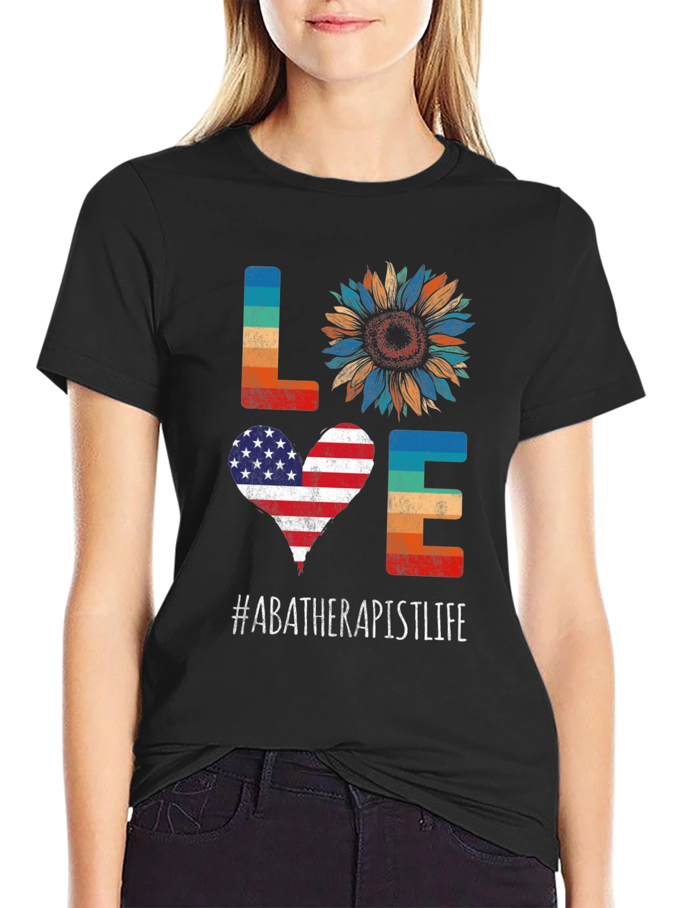 ABA Therapist Life LOVE T-Shirt - Patriotic Sunflower Design