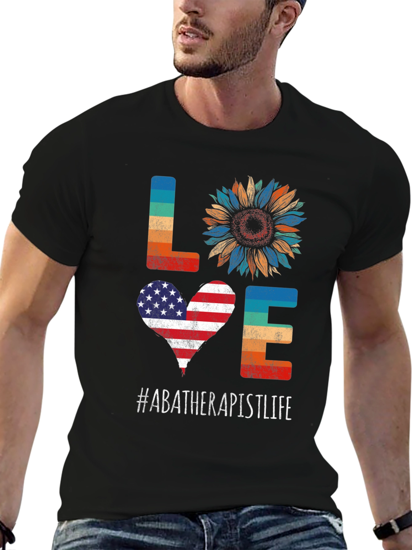 ABA Therapist Life LOVE T-Shirt - Patriotic Sunflower Design