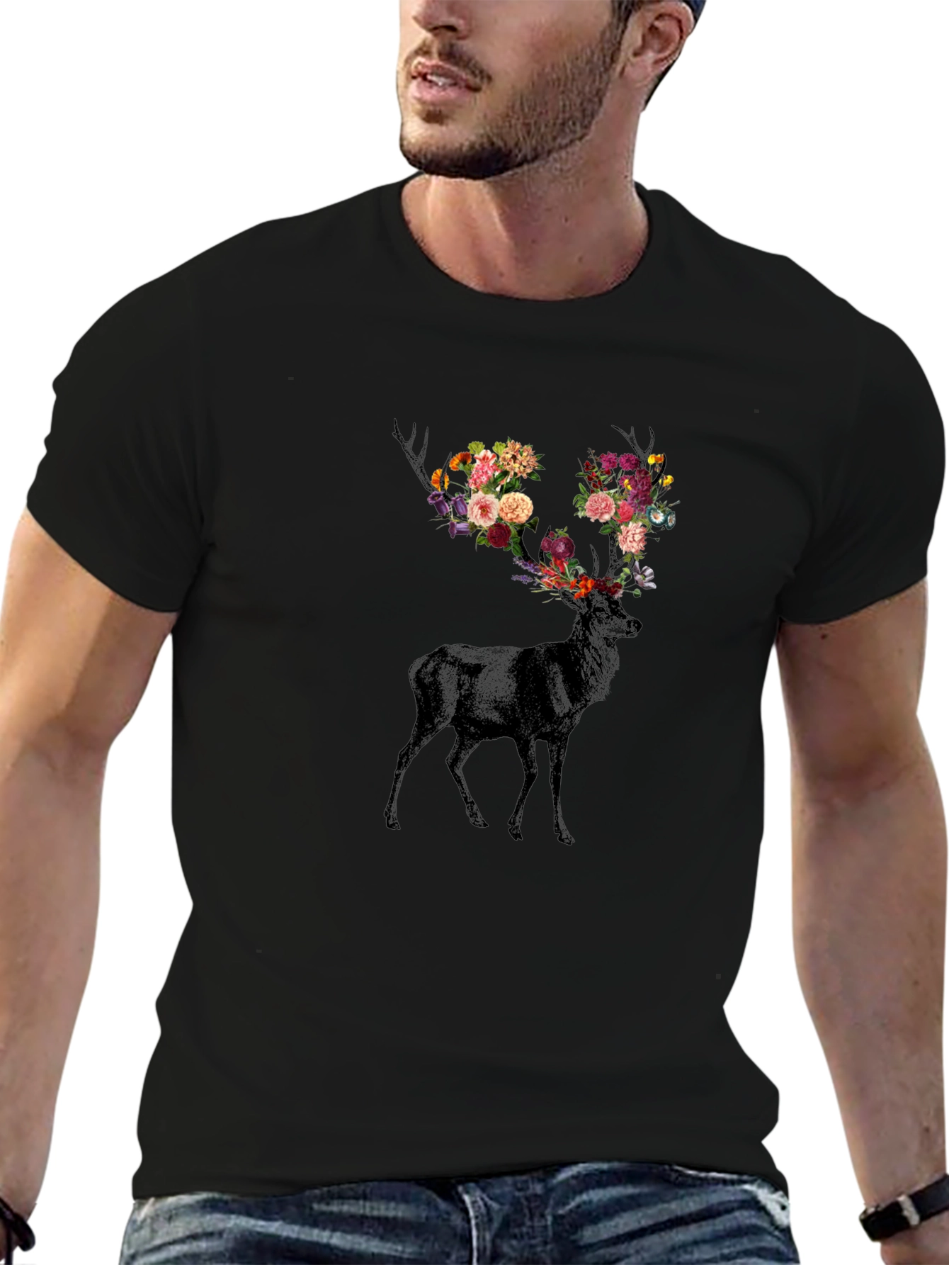 Floral Antler Deer Graphic Tee - Black