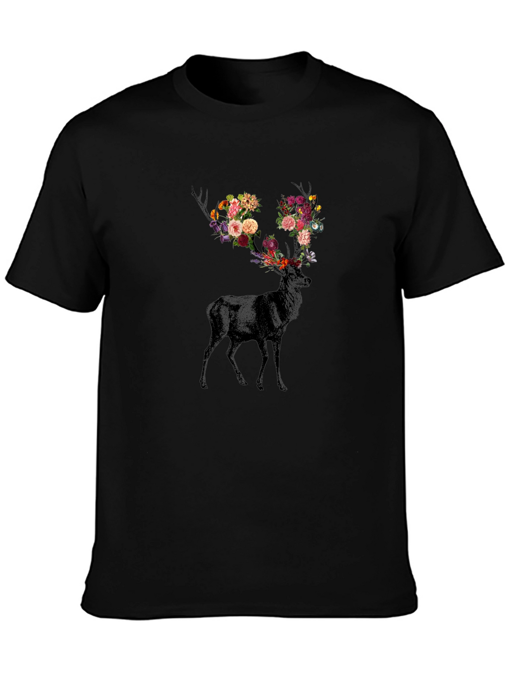 Floral Antler Deer Graphic Tee - Black