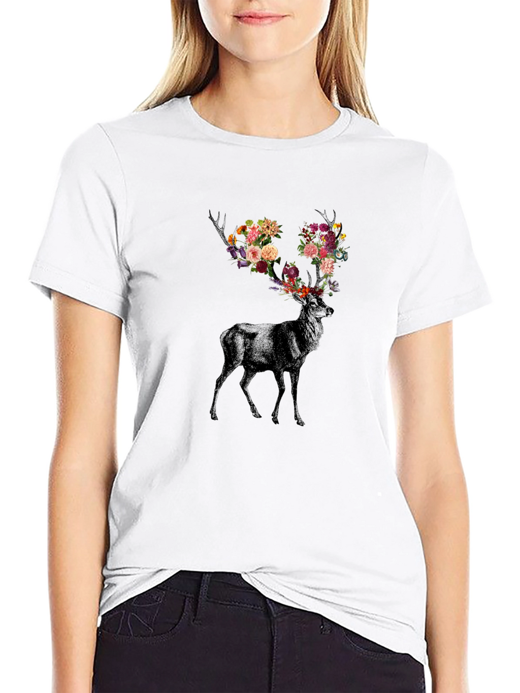 Floral Antler Deer Graphic Tee - Black