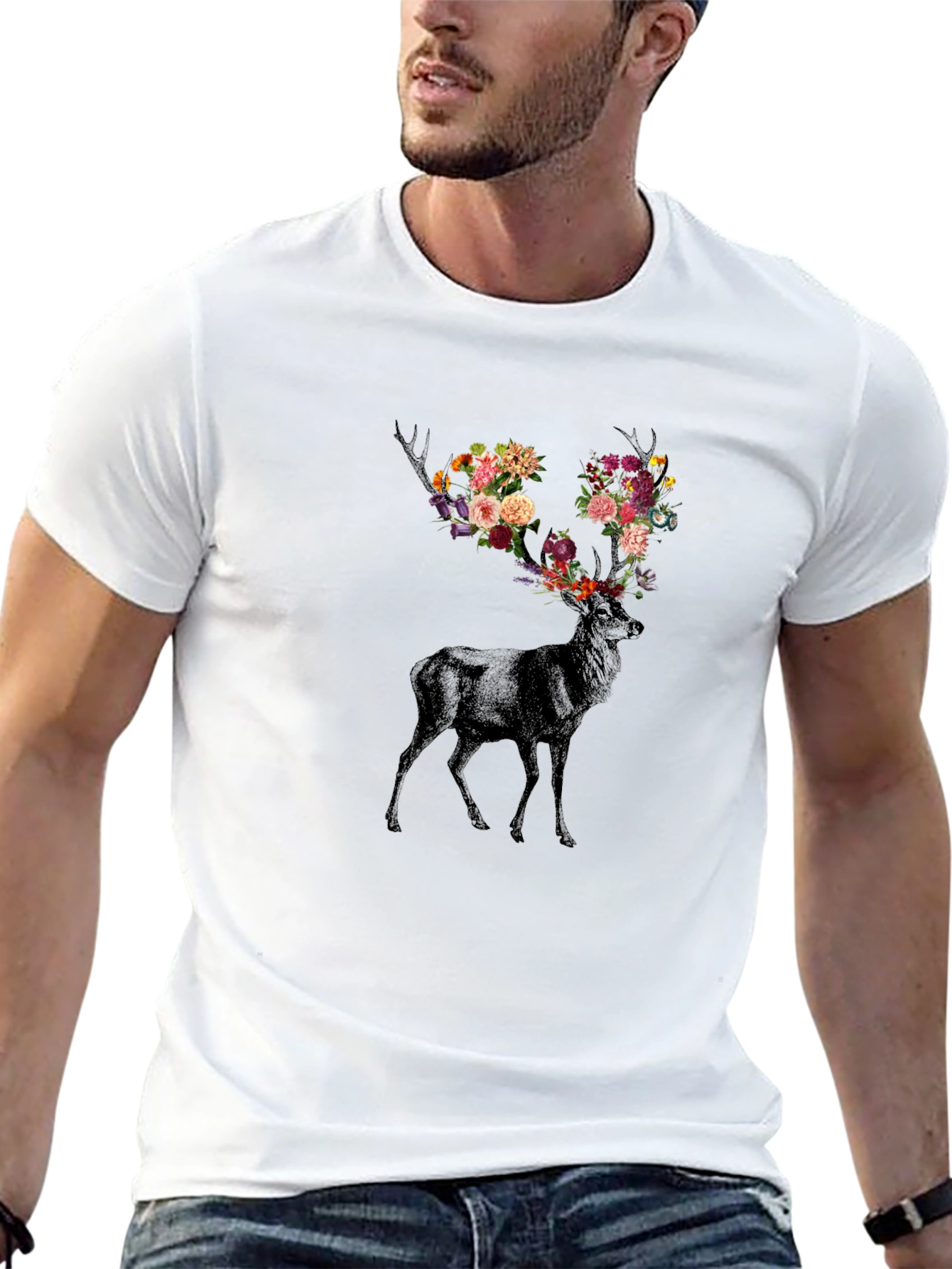 Floral Antler Deer Graphic Tee - Black