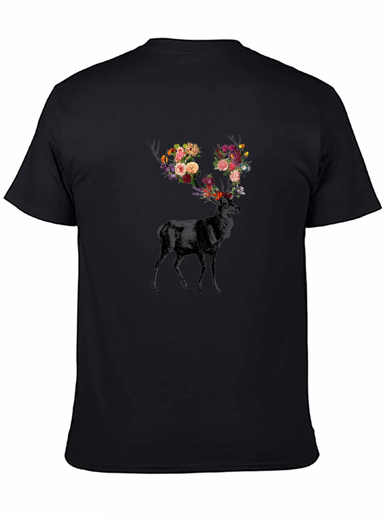 Floral Antler Deer Graphic Tee - Black