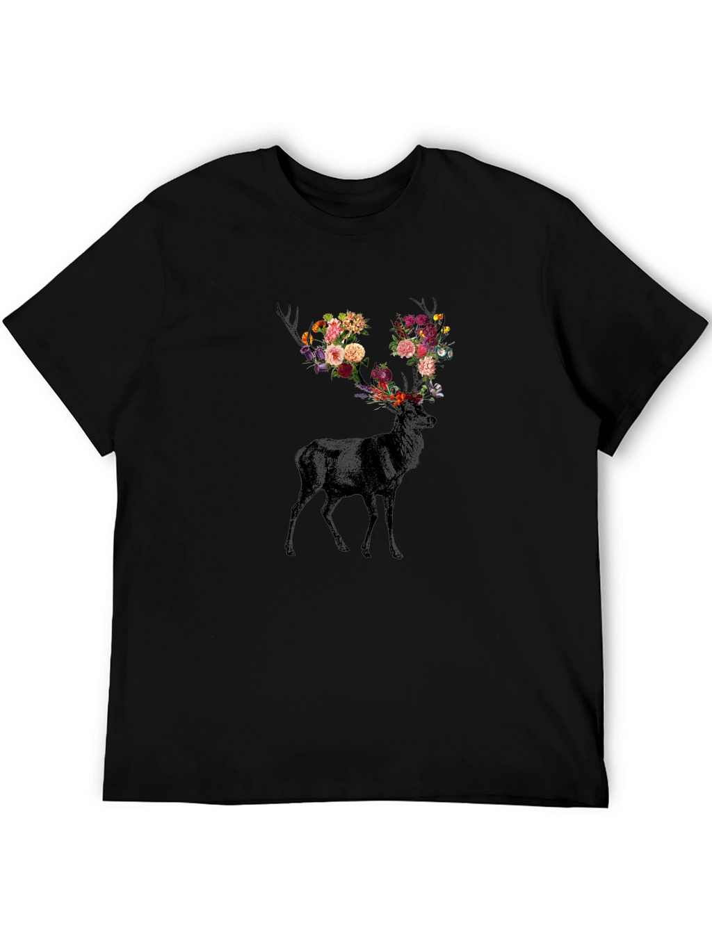Floral Antler Deer Graphic Tee - Black