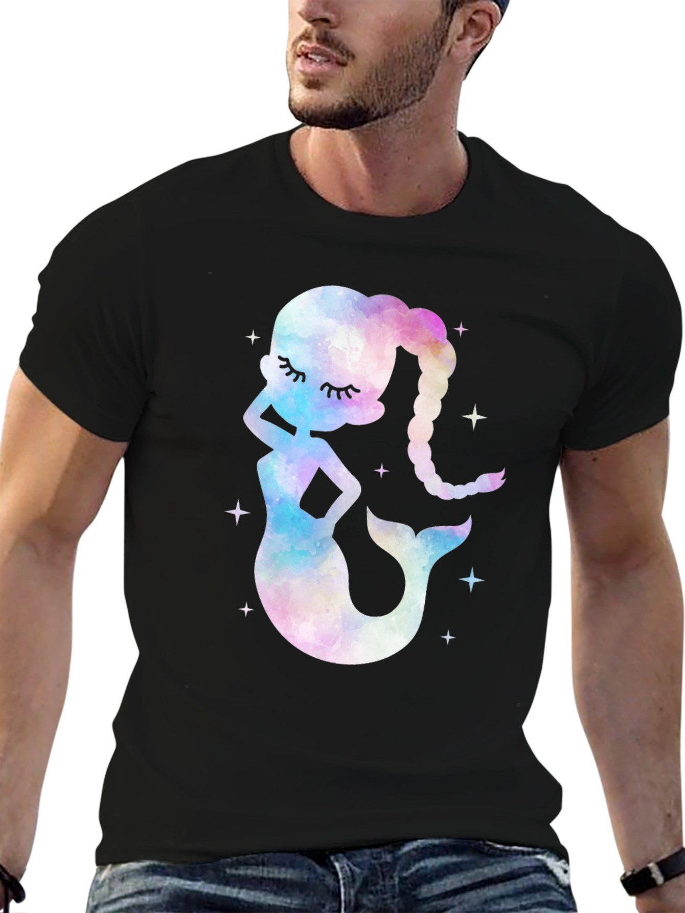 Watercolor Mermaid Graphic Tee - Black