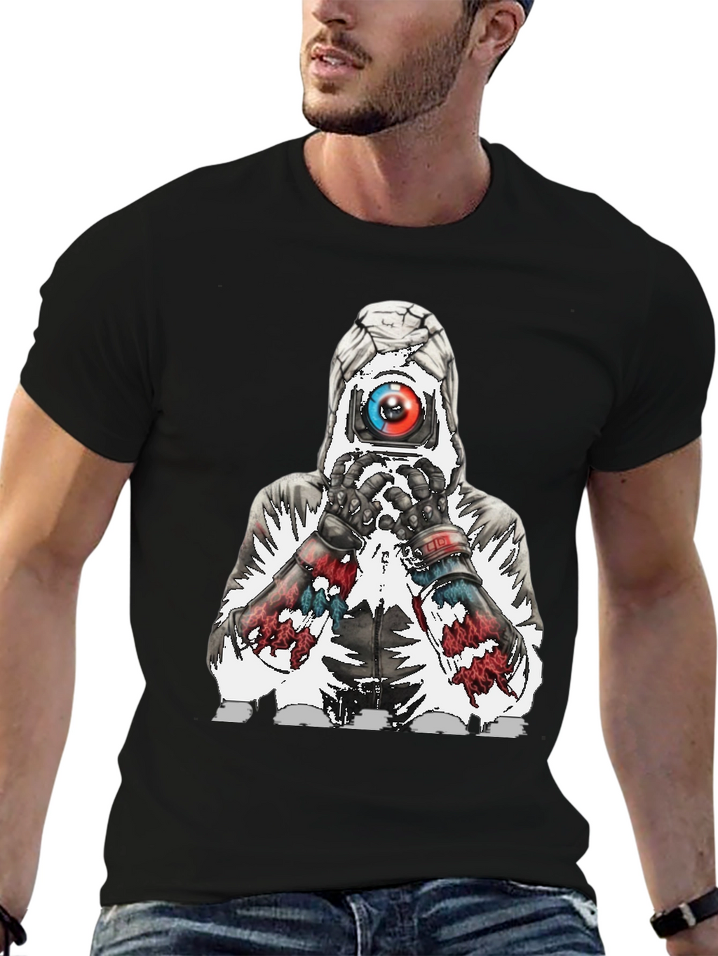 Abstract Robot Graphic Tee - Black Cotton Blend