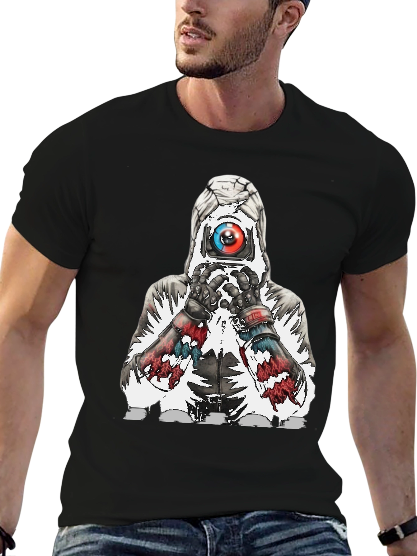 Abstract Robot Graphic Tee - Black Cotton Blend
