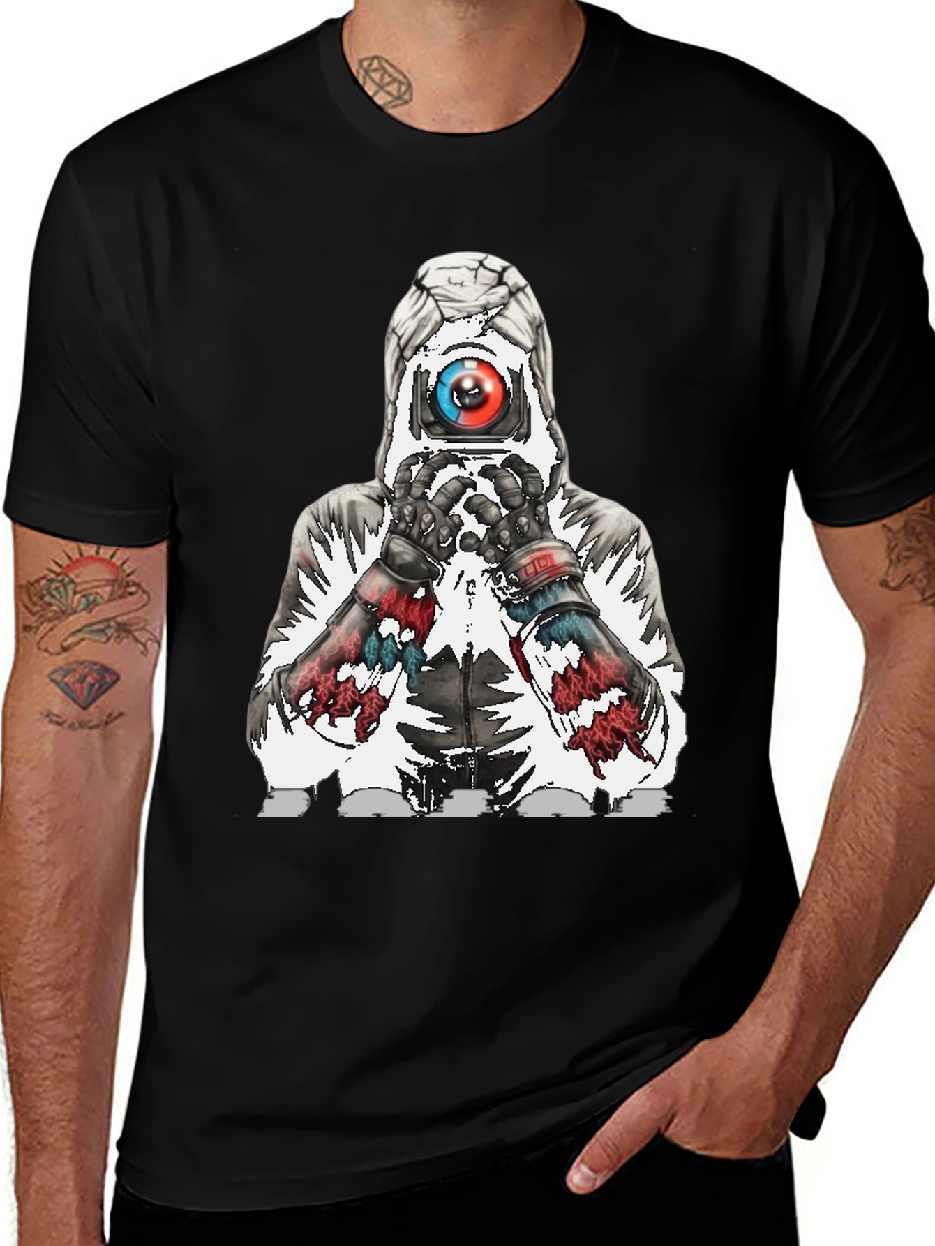 Abstract Robot Graphic Tee - Black Cotton Blend