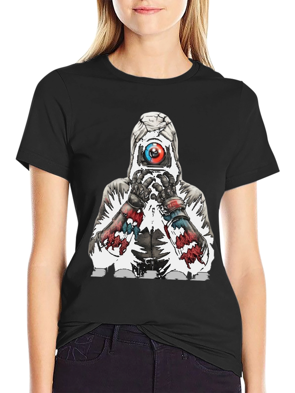 Abstract Robot Graphic Tee - Black Cotton Blend