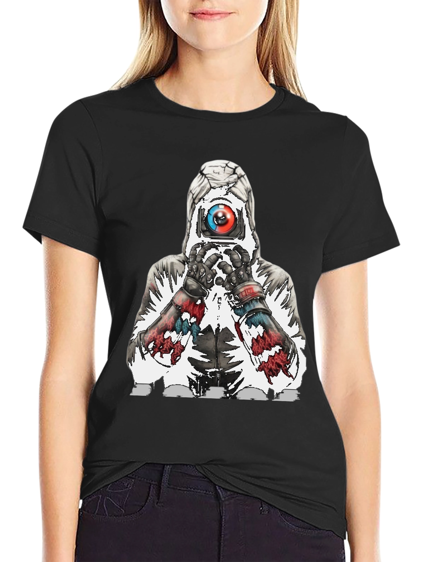 Abstract Robot Graphic Tee - Black Cotton Blend