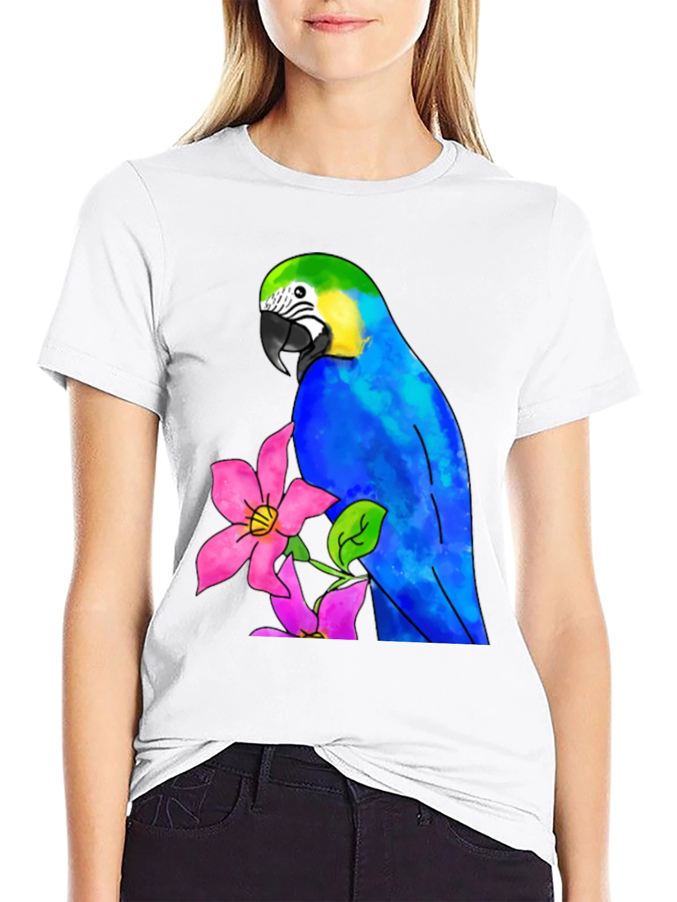 Parrot & Flower Graphic Black T-Shirt