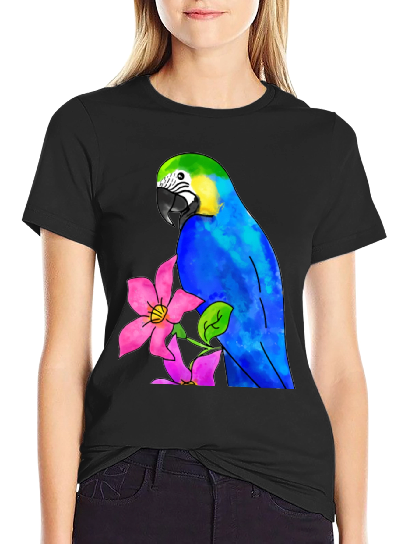 Parrot & Flower Graphic Black T-Shirt