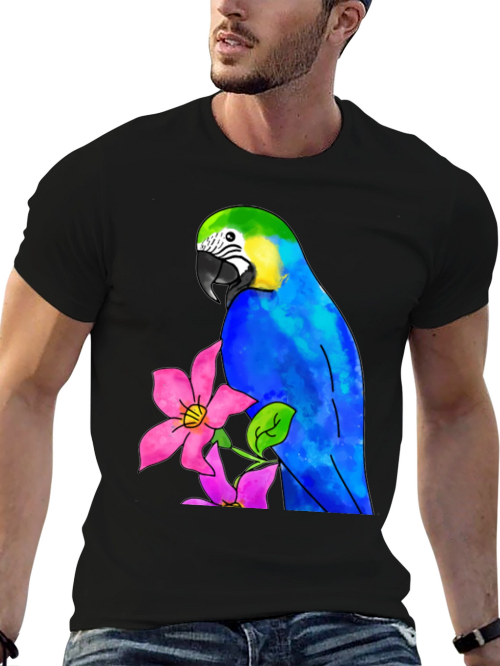 Parrot & Flower Graphic Black T-Shirt