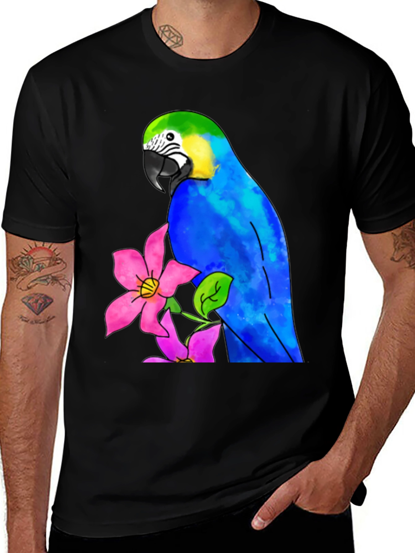 Parrot & Flower Graphic Black T-Shirt