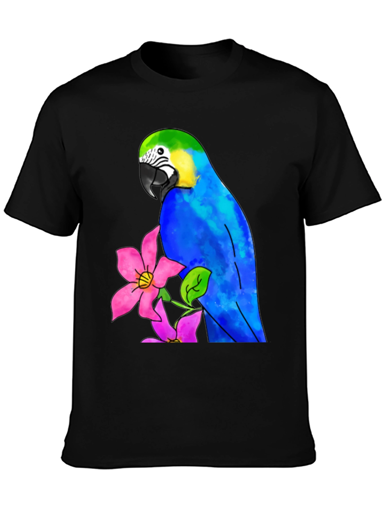 Parrot & Flower Graphic Black T-Shirt