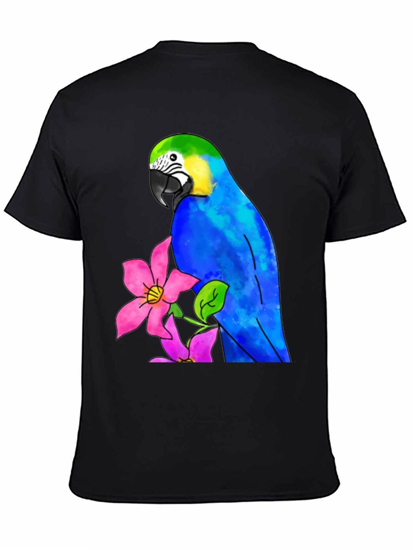 Parrot & Flower Graphic Black T-Shirt