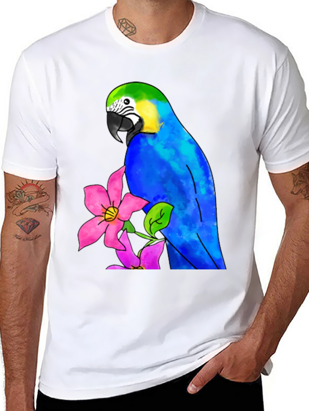 Parrot & Flower Graphic Black T-Shirt