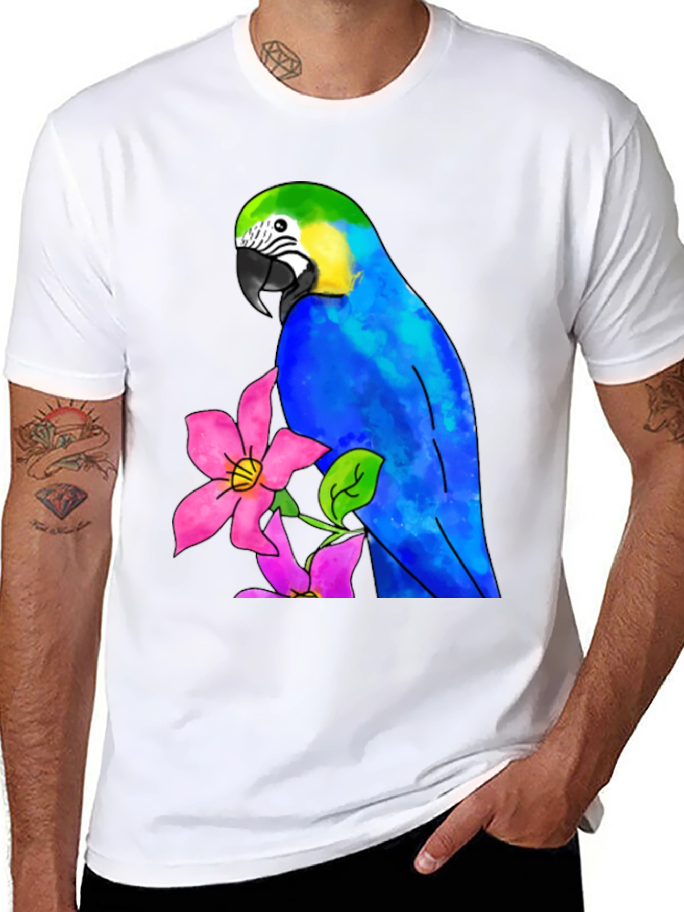 Parrot & Flower Graphic Black T-Shirt