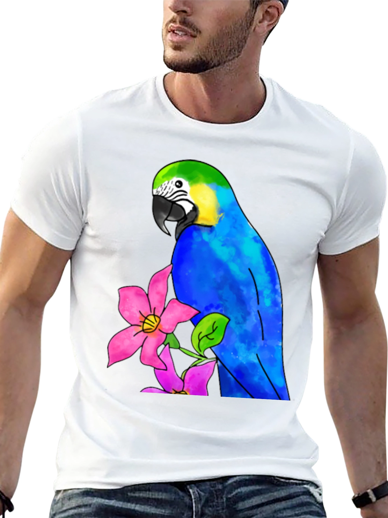 Parrot & Flower Graphic Black T-Shirt