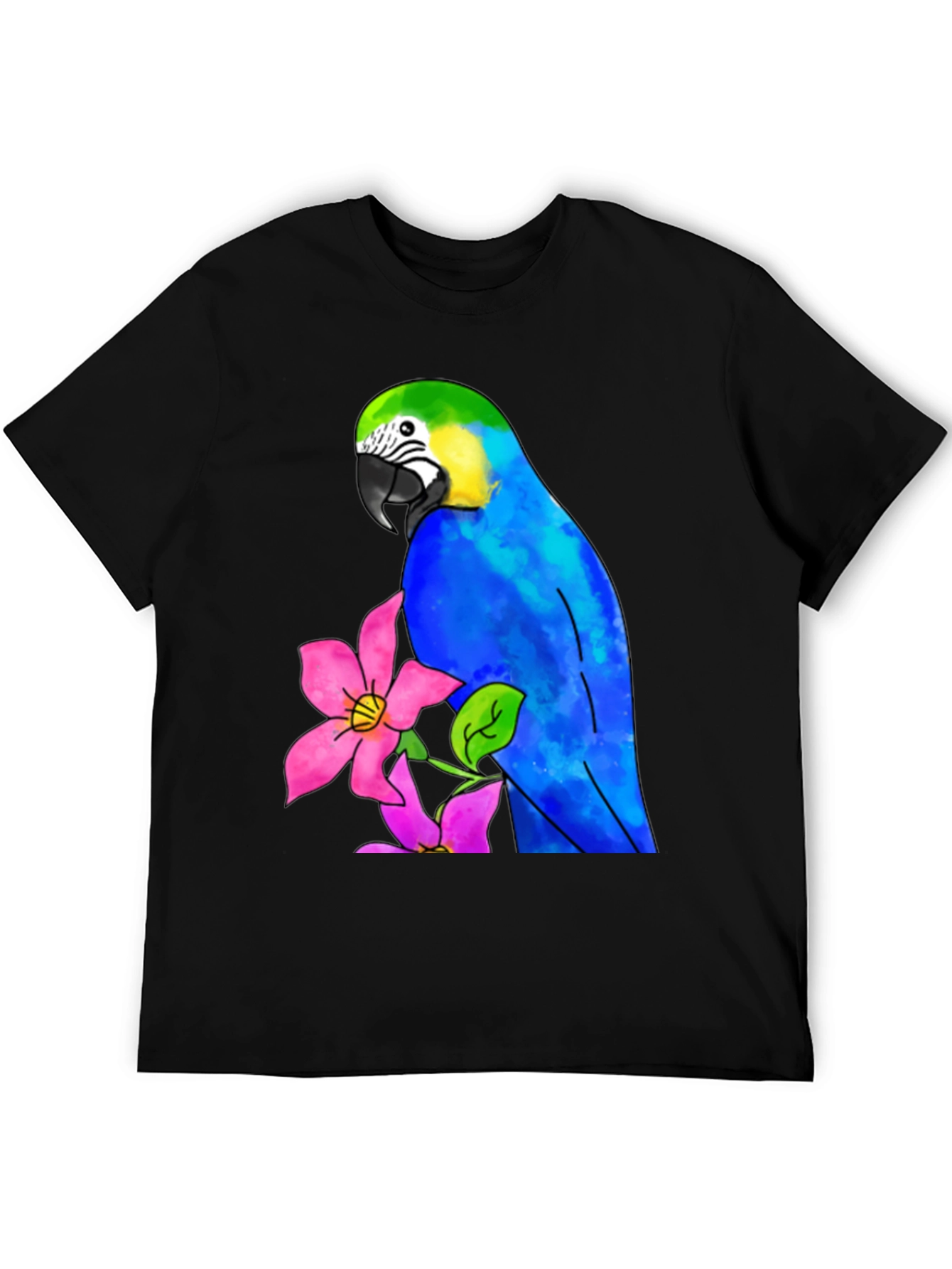Parrot & Flower Graphic Black T-Shirt