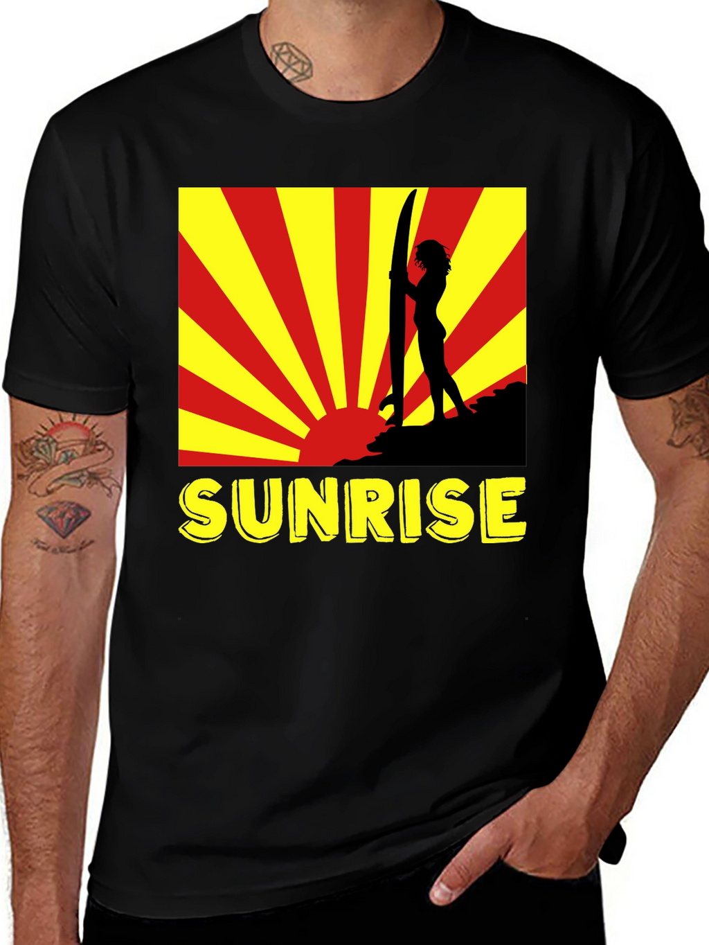 Sunrise Surfer Graphic Tee - Black Cotton T-Shirt