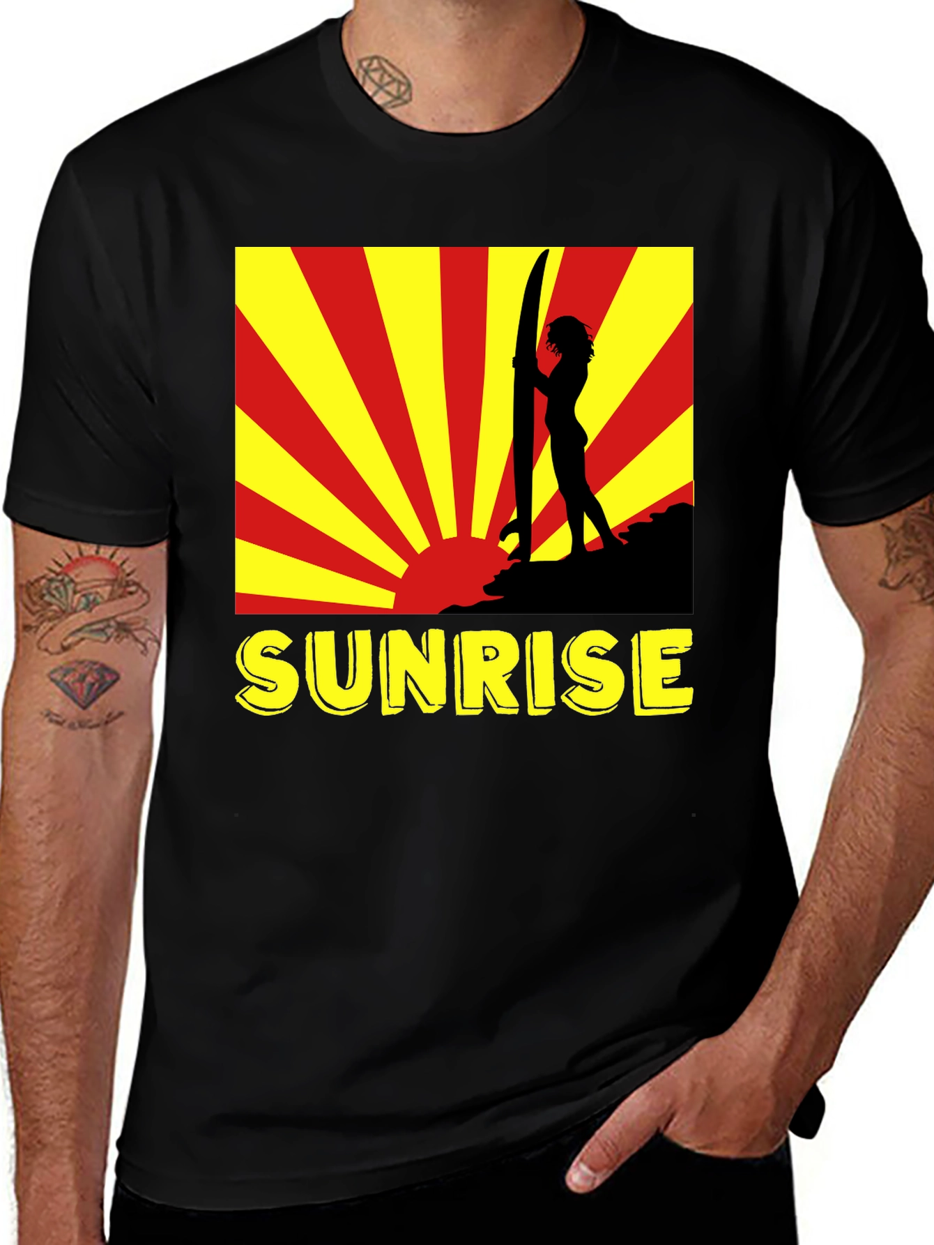 Sunrise Surfer Graphic Tee - Black Cotton T-Shirt