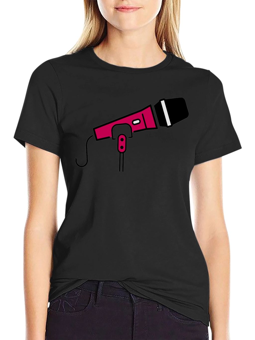 Retro Microphone Graphic Tee - Black Crew Neck