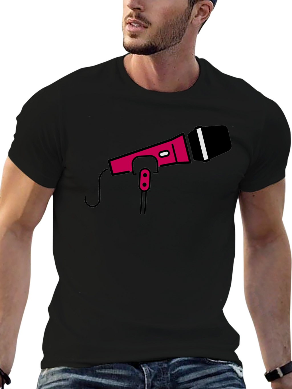 Retro Microphone Graphic Tee - Black Crew Neck