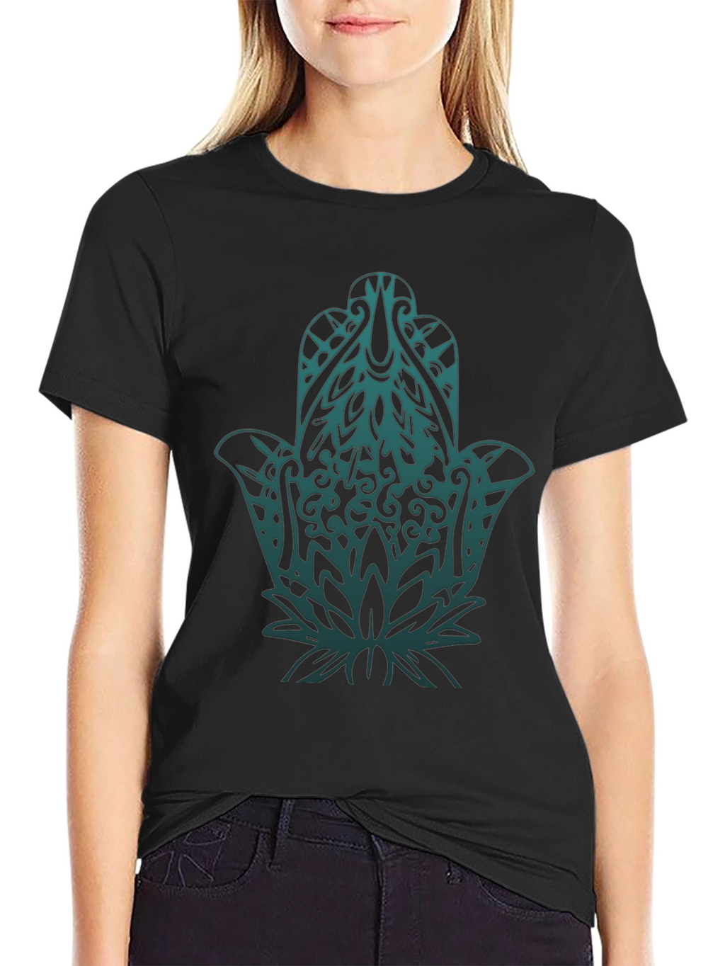 Hamsa Hand Graphic Print Black T-Shirt