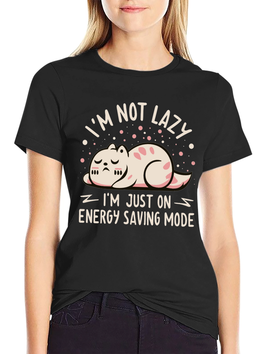Funny Cat Energy Saving Mode Black T-Shirt