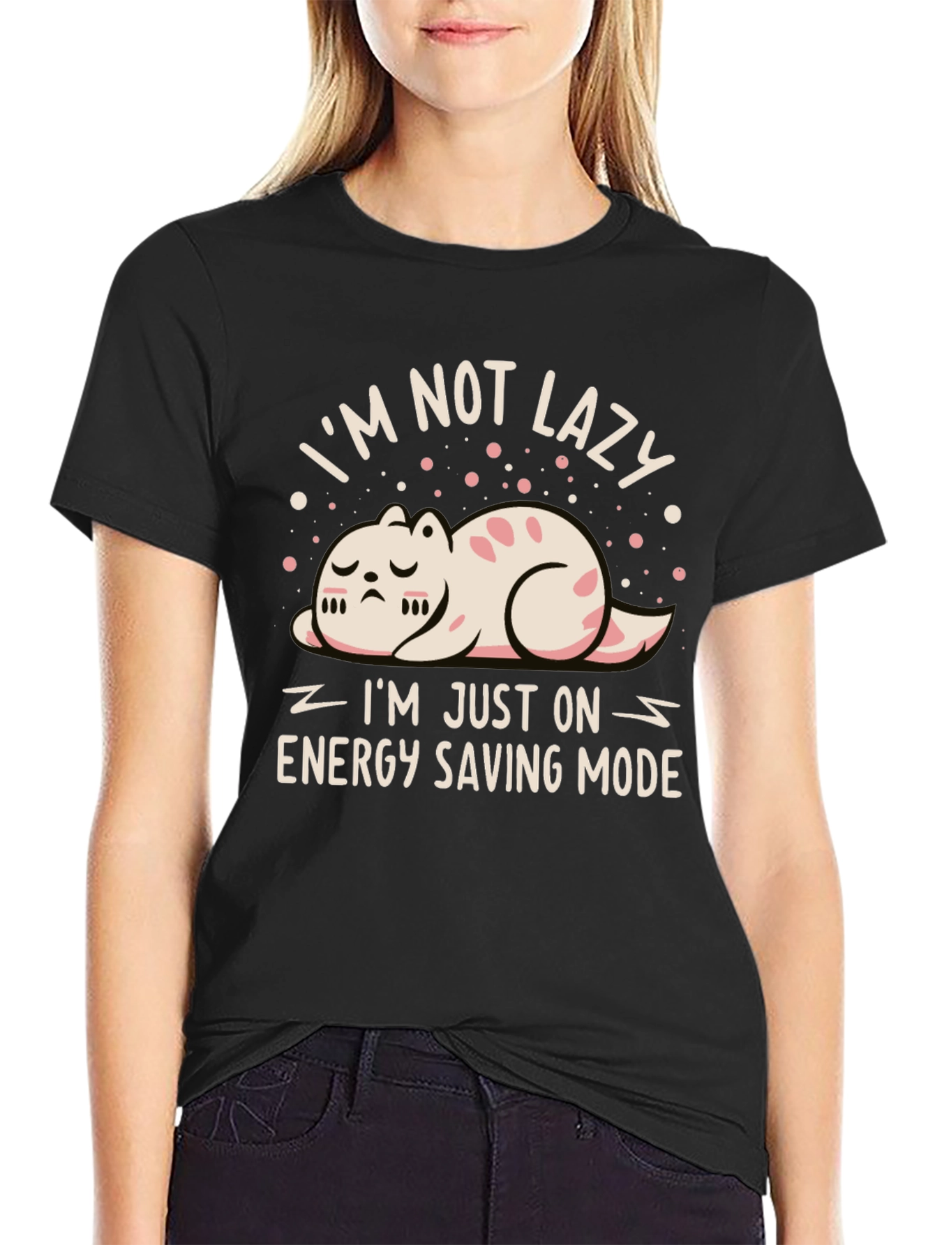 Funny Cat Energy Saving Mode Black T-Shirt