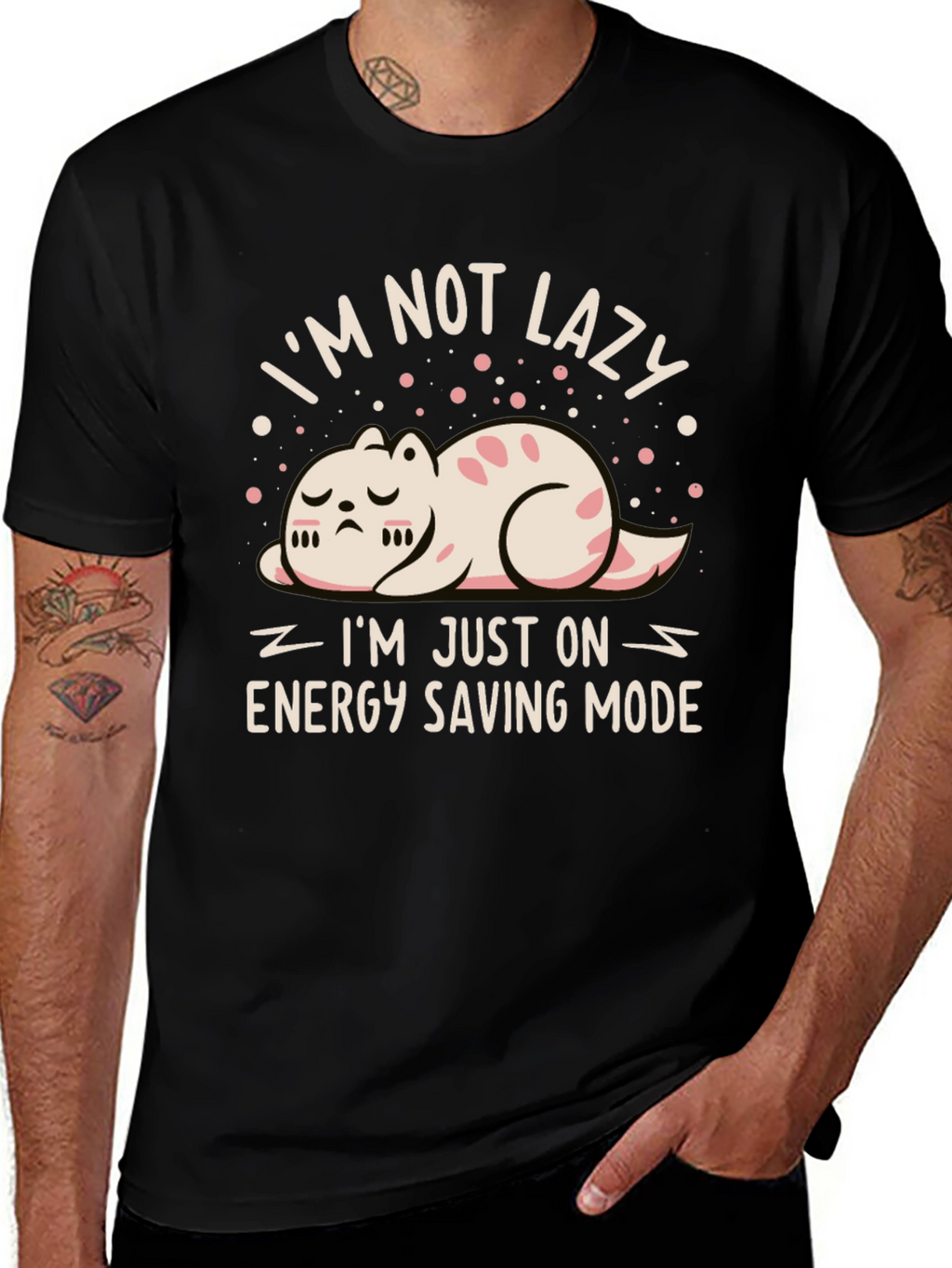 Funny Cat Energy Saving Mode Black T-Shirt