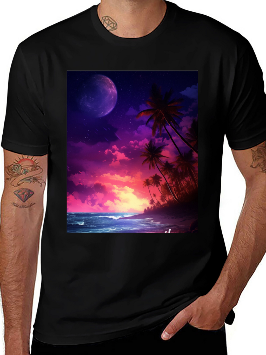 Tropical Moon Graphic Tee - Mens Black T-Shirt
