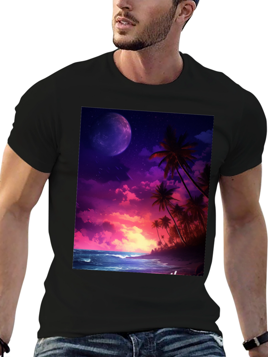 Tropical Moon Graphic Tee - Mens Black T-Shirt