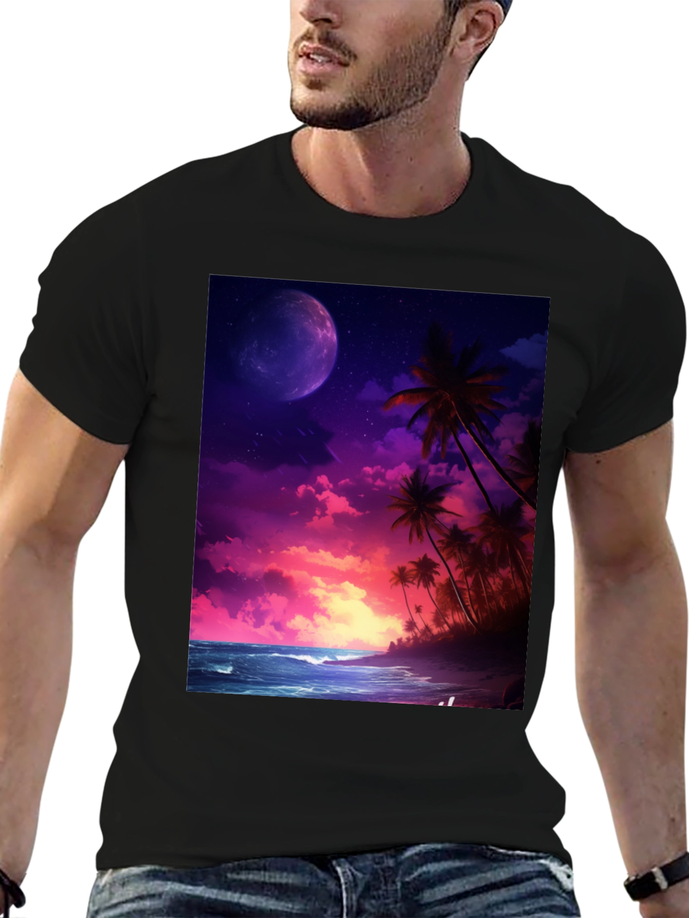Tropical Moon Graphic Tee - Mens Black T-Shirt