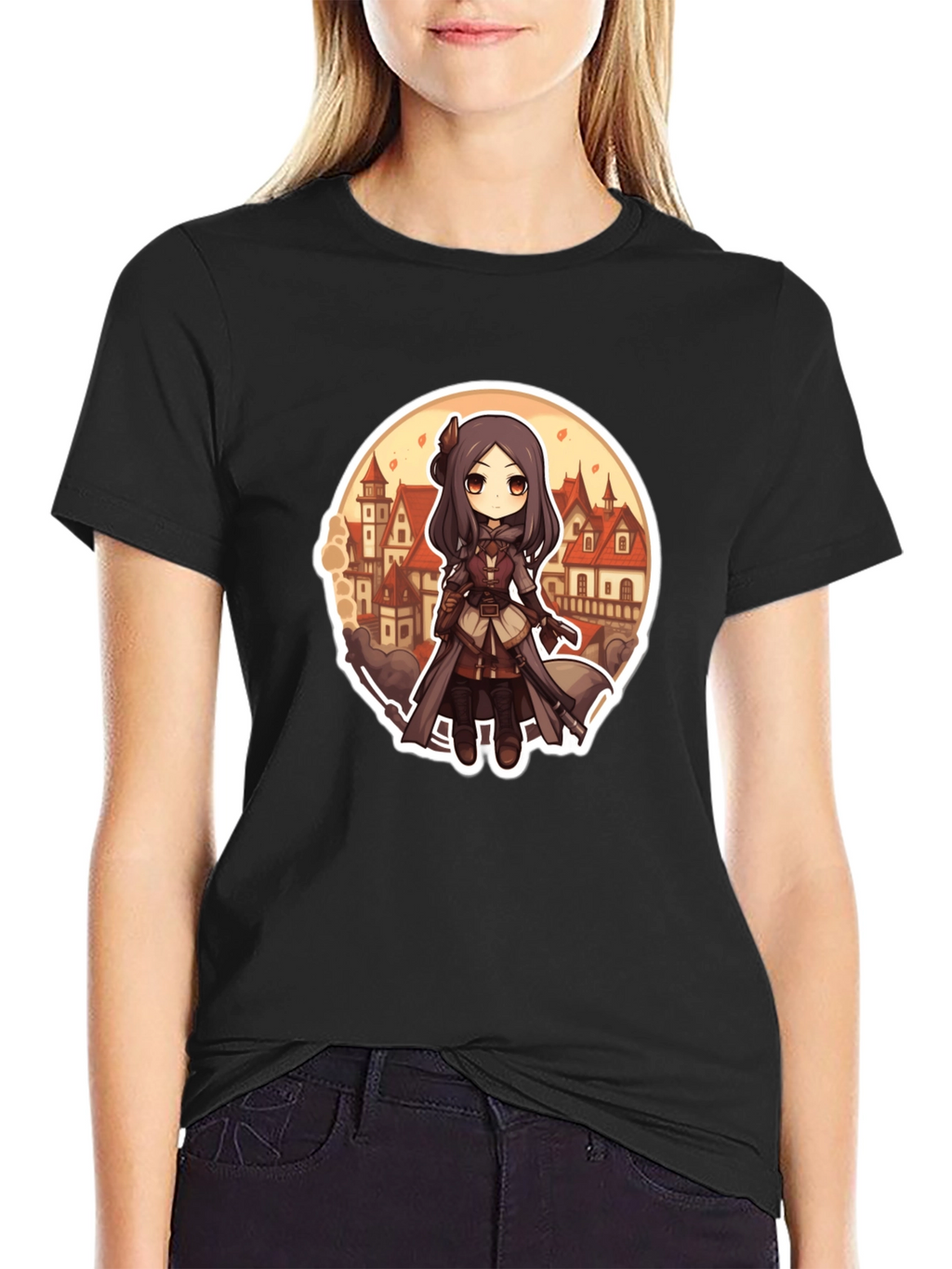 Anime Girl T-Shirt - Black Cotton Blend Graphic Tee