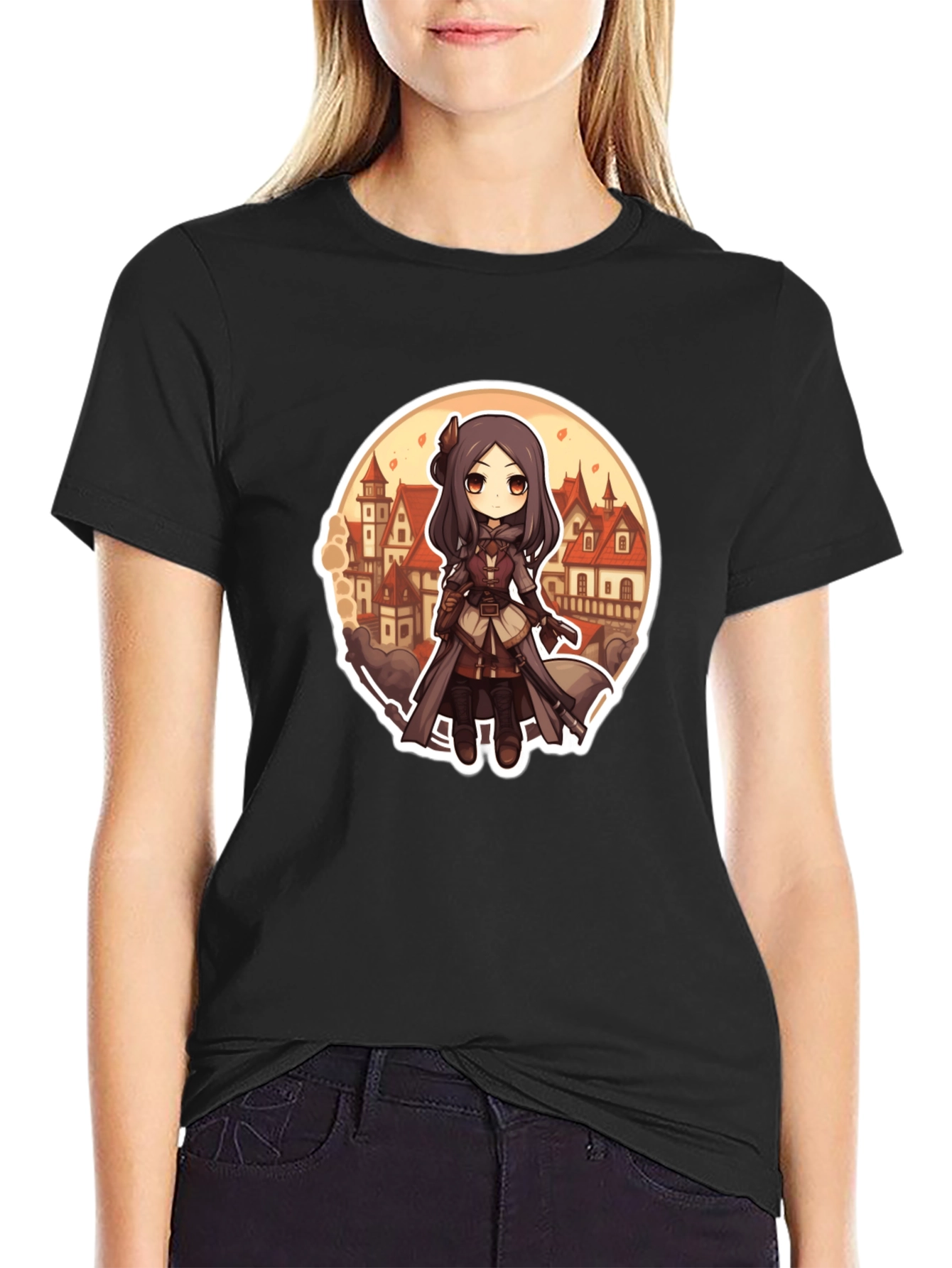 Anime Girl T-Shirt - Black Cotton Blend Graphic Tee