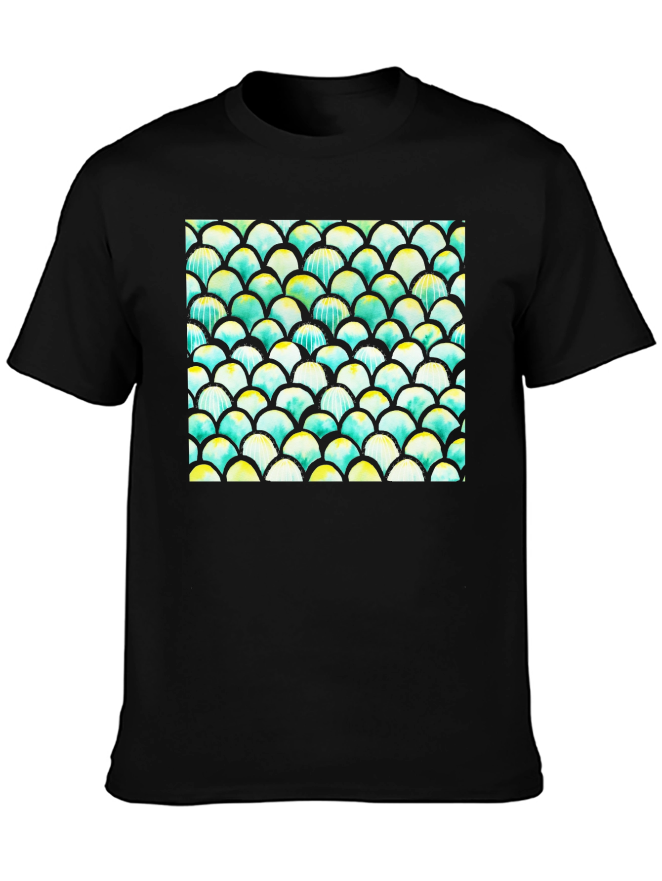 Mens Black T-Shirt with Colorful Fish Scale Design
