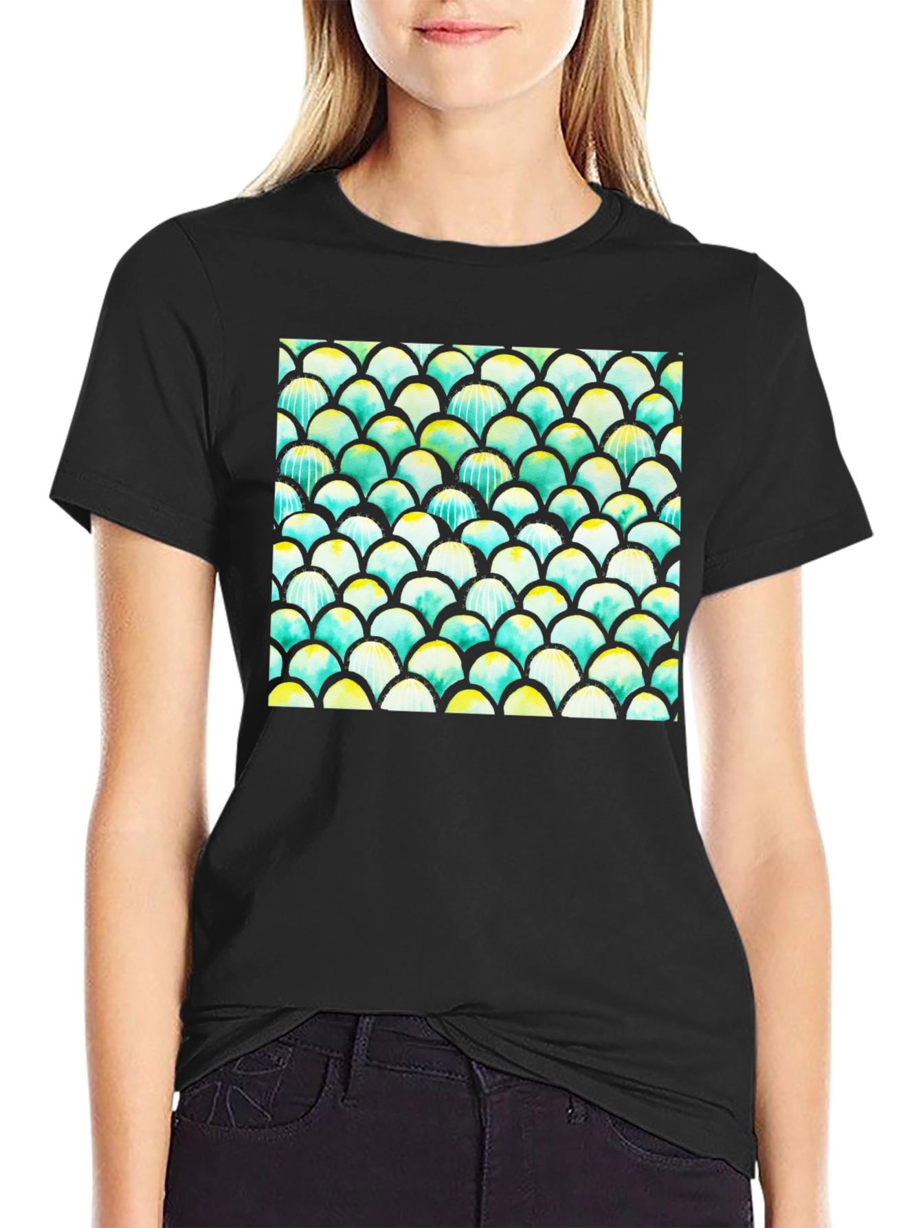 Mens Black T-Shirt with Colorful Fish Scale Design