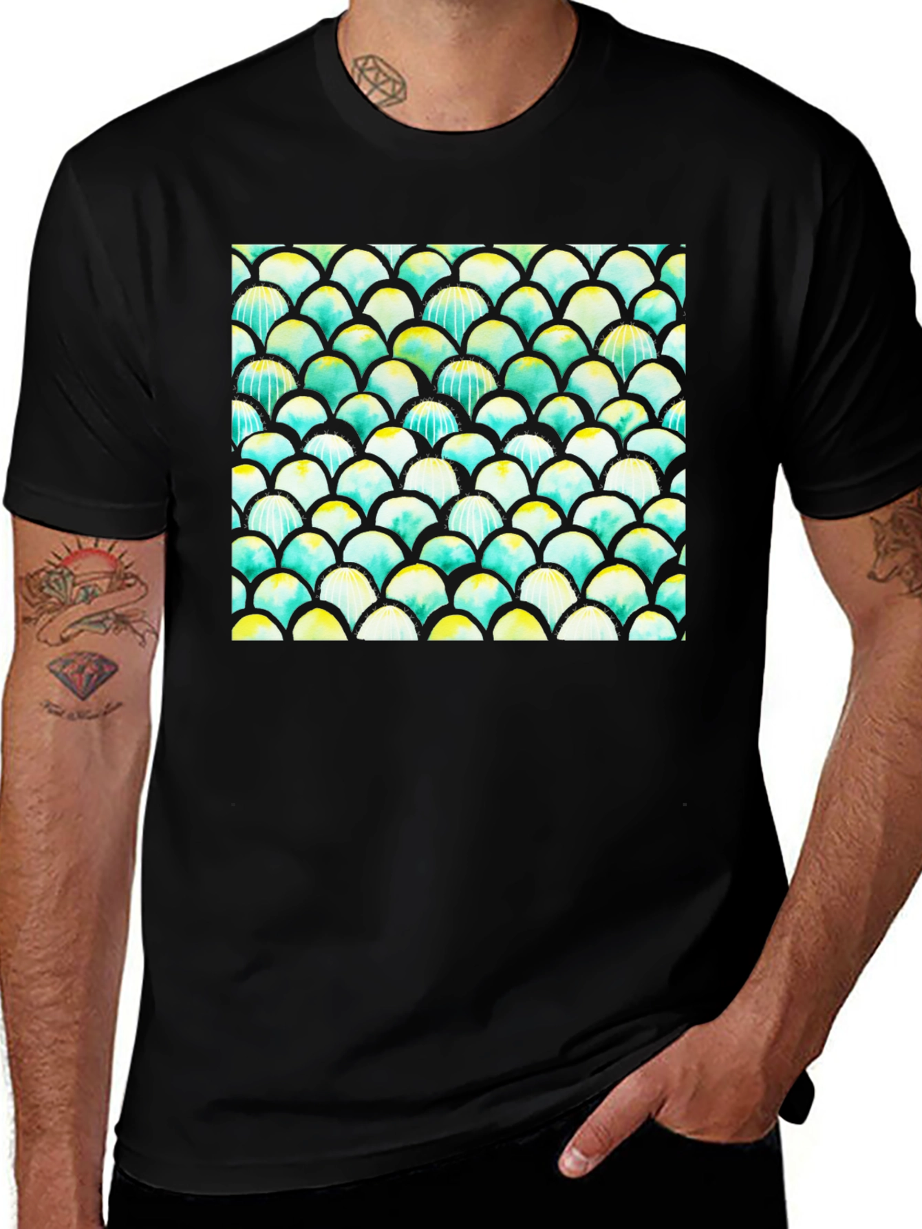 Mens Black T-Shirt with Colorful Fish Scale Design