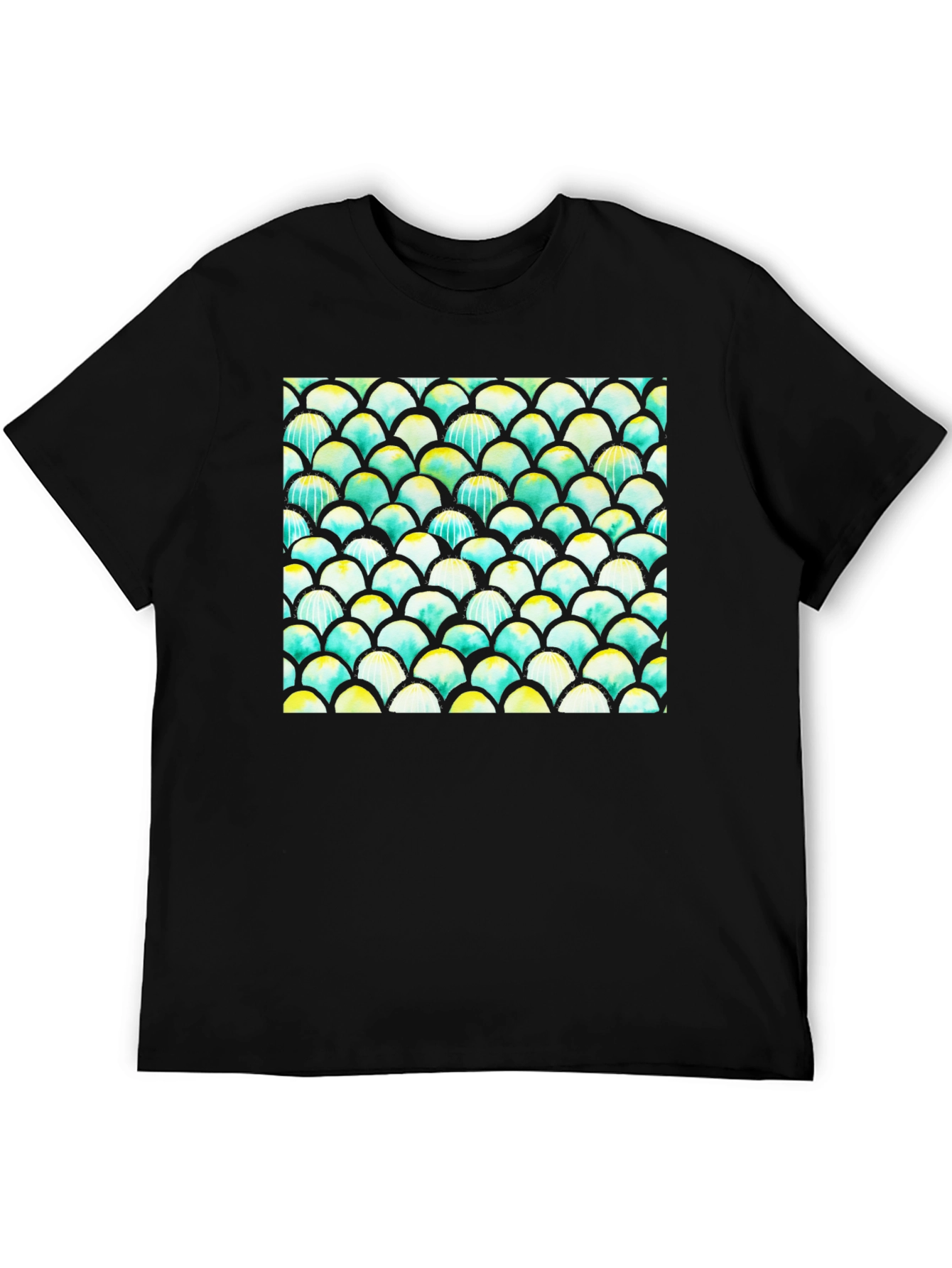 Mens Black T-Shirt with Colorful Fish Scale Design