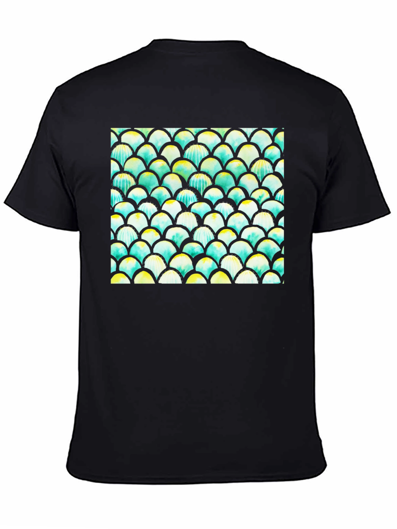 Mens Black T-Shirt with Colorful Fish Scale Design
