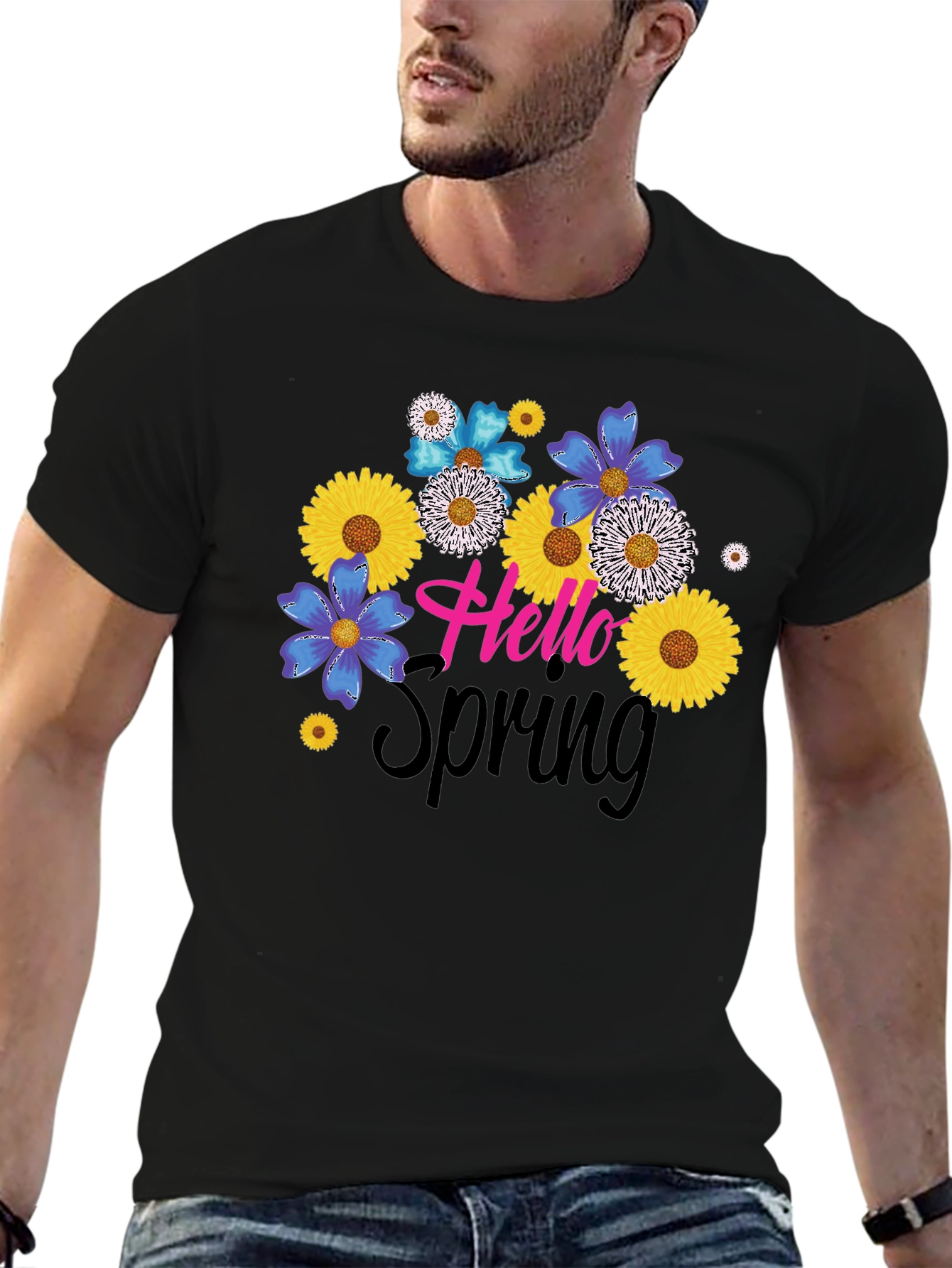 Hello Spring Floral Graphic Black T-Shirt