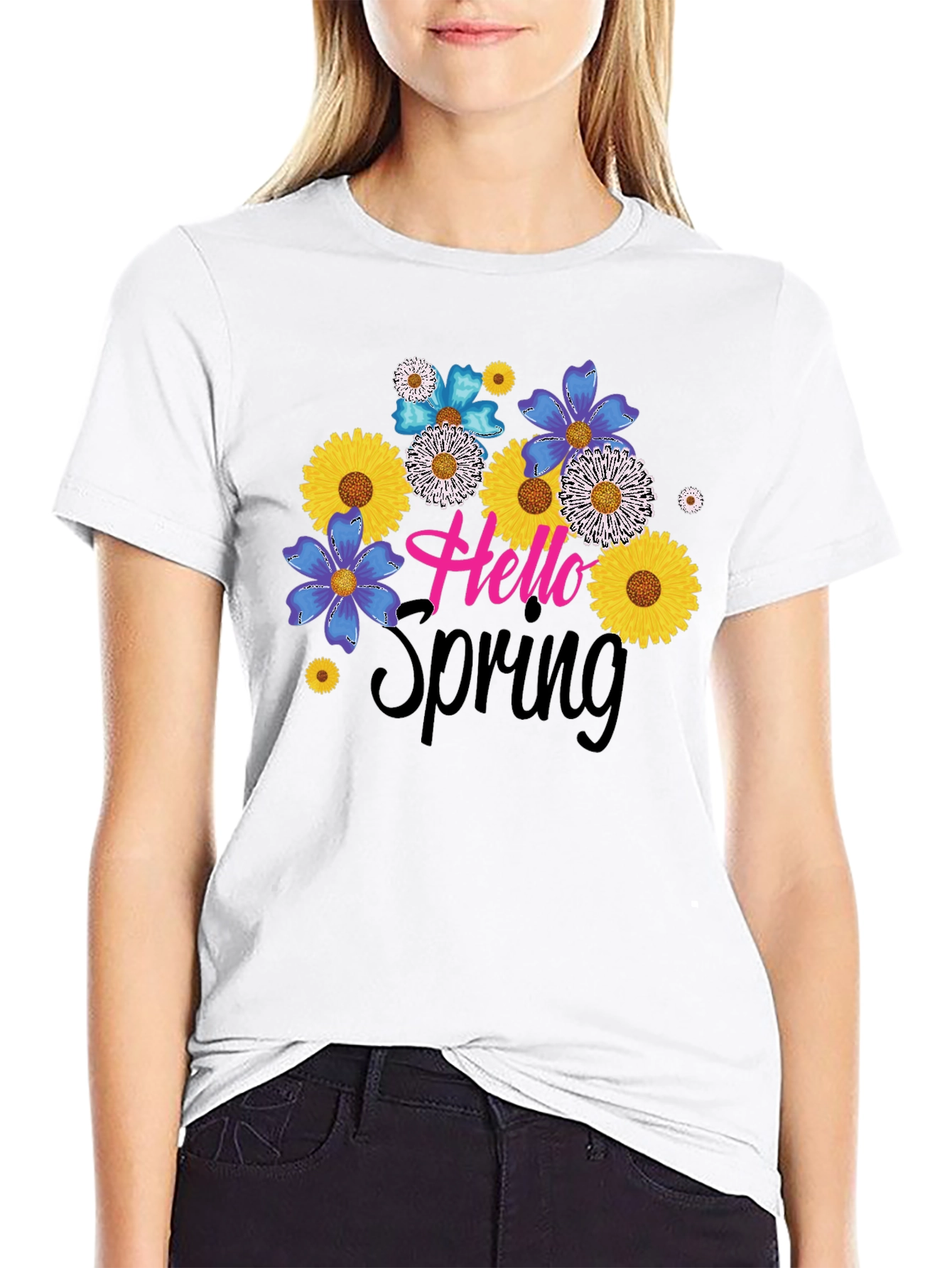 Hello Spring Floral Graphic Black T-Shirt