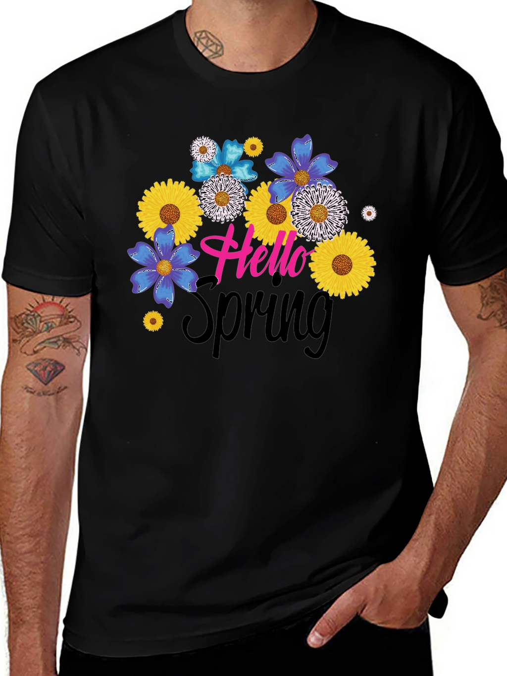 Hello Spring Floral Graphic Black T-Shirt