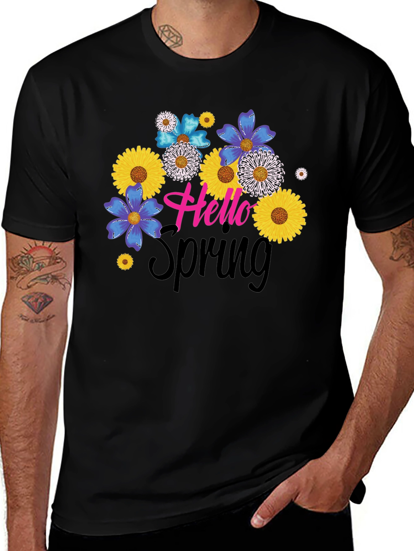 Hello Spring Floral Graphic Black T-Shirt