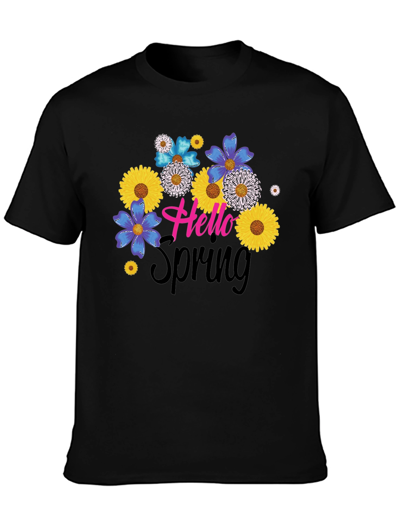 Hello Spring Floral Graphic Black T-Shirt