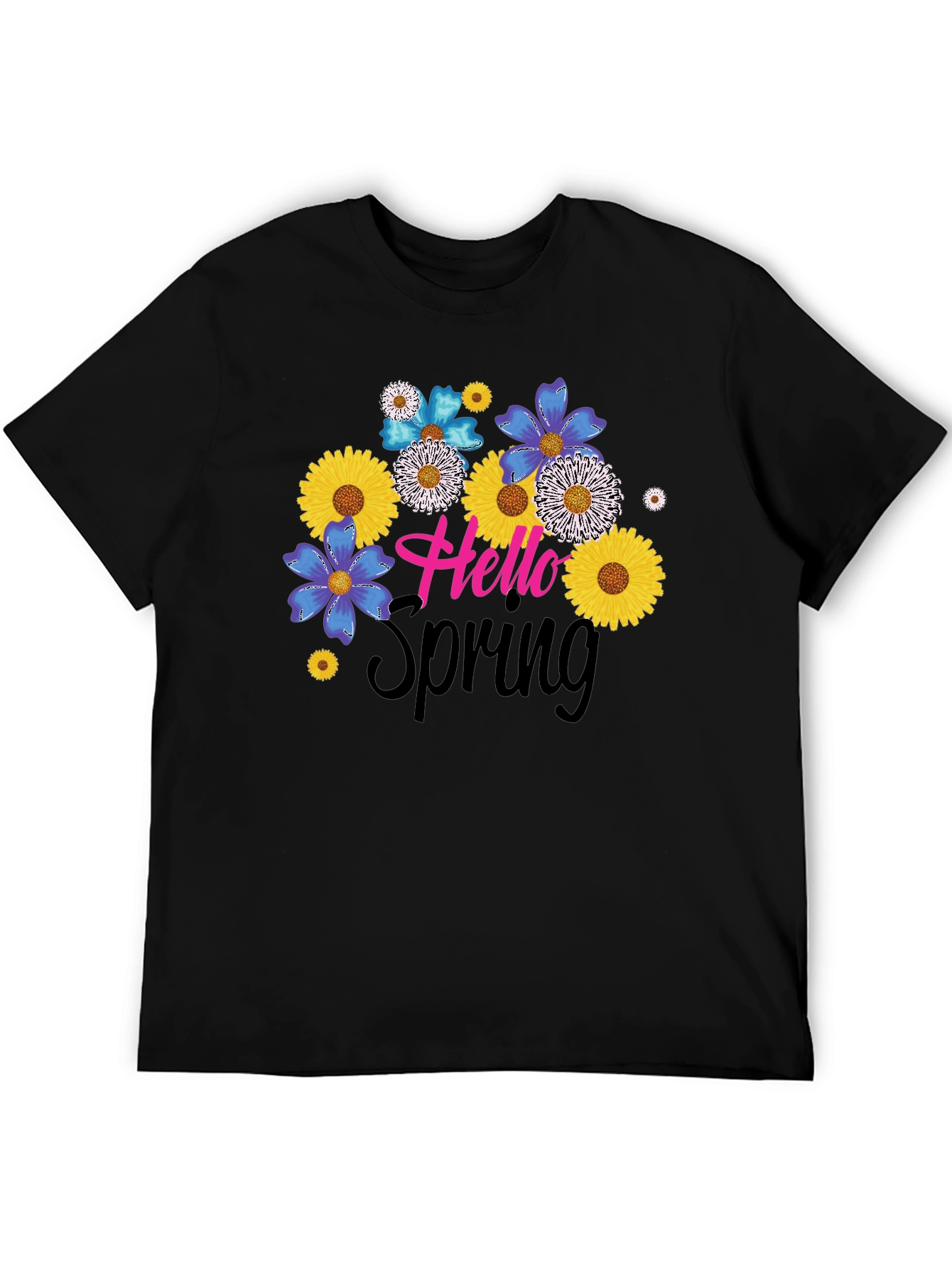 Hello Spring Floral Graphic Black T-Shirt