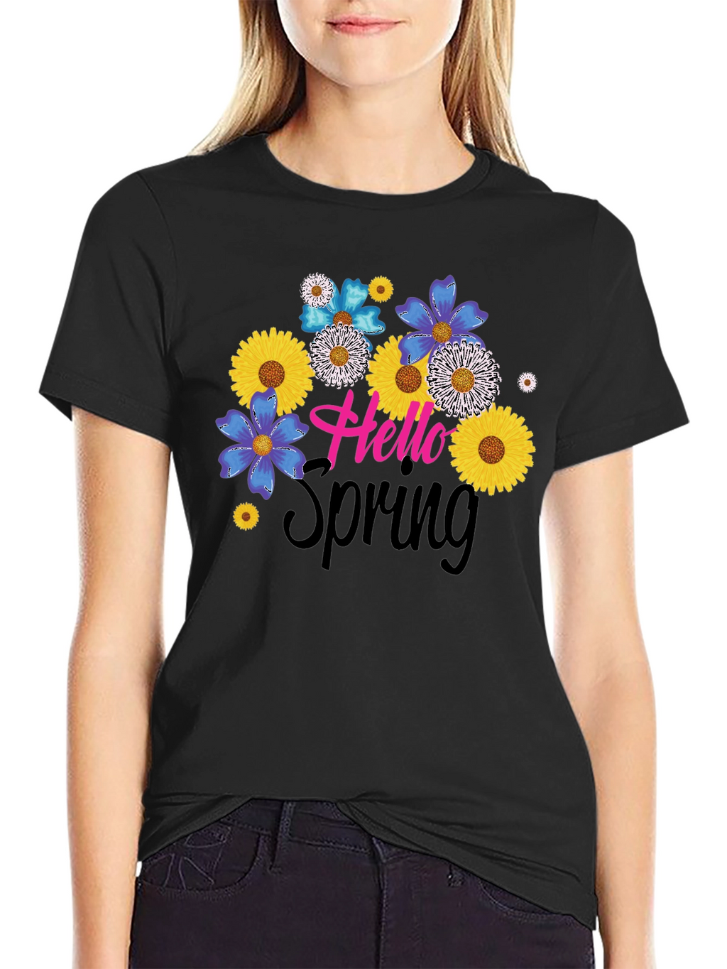 Hello Spring Floral Graphic Black T-Shirt
